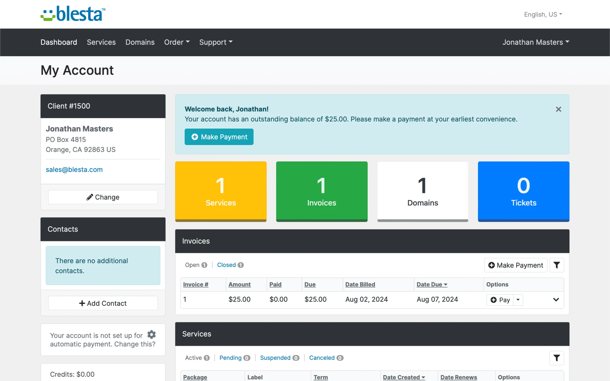 A client account in Blesta, billed and branded by the reseller